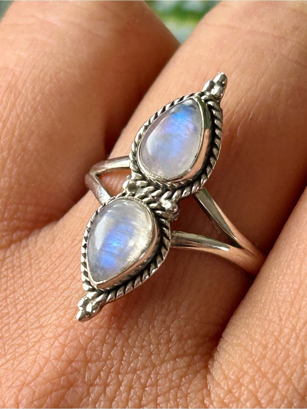 Sterling Silver Double Teardrop Moonstone Ring - Blue Flash